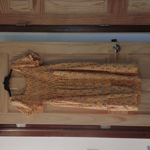 Yellow floral puff sleeve dress with back neck tie; size 1XL; never worn